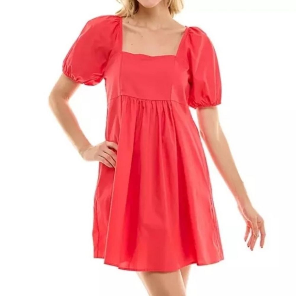 Draper James Puff Sleeve Square Neck Dress Hibiscus Red Cute Flirty Size Large